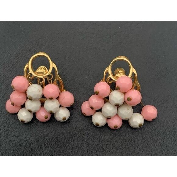 Vintage Beaded Cluster Waterfall Pink And White Screw back Earrings - Picture 1 of 5